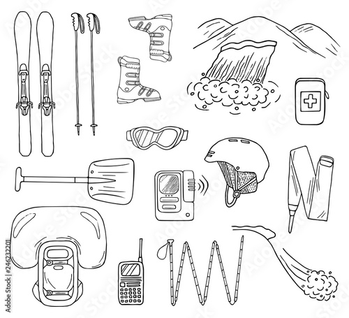 Set of hand-drawn avalanche safety gear icons. Doodle skis, probe, beacon, shovel, etc.. Sketched vector illustration of equipment for backcountry