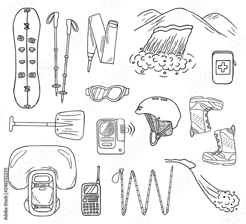 Set of hand-drawn avalanche safety gear icons. Doodle splitboard, airbag, beacon, shovel, etc.. Sketched vector illustration of equipment for freeride