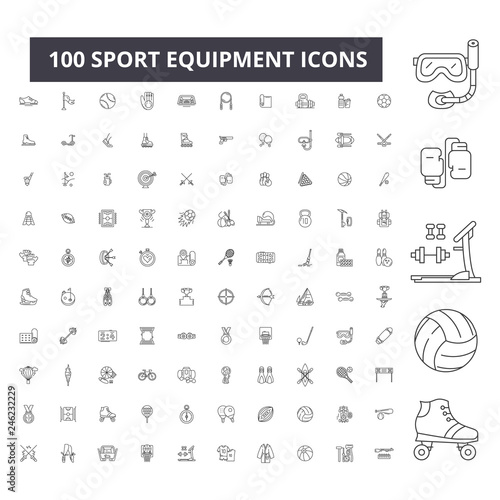 Sport equipment editable line icons, 100 vector set on white background. Sport equipment black outline illustrations, signs, symbols