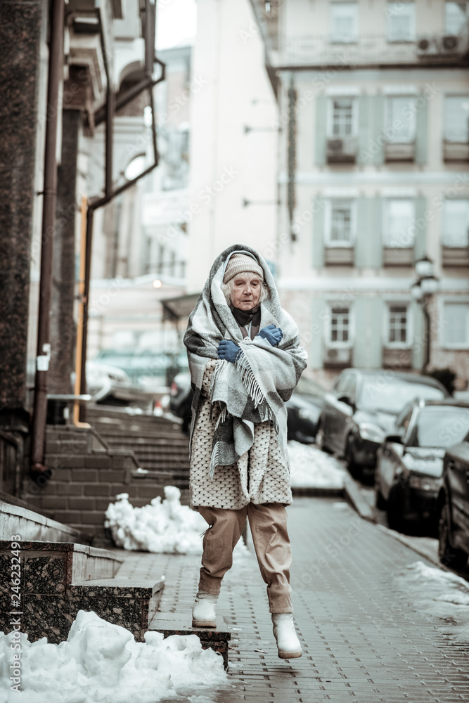 Nice aged woman walking with a warm plaid Nice aged woman walking with a warm plaid