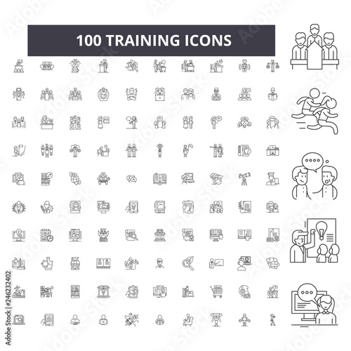 Training editable line icons, 100 vector set on white background. Training black outline illustrations, signs, symbols