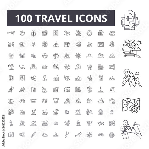 Travel editable line icons, 100 vector set on white background. Travel black outline illustrations, signs, symbols