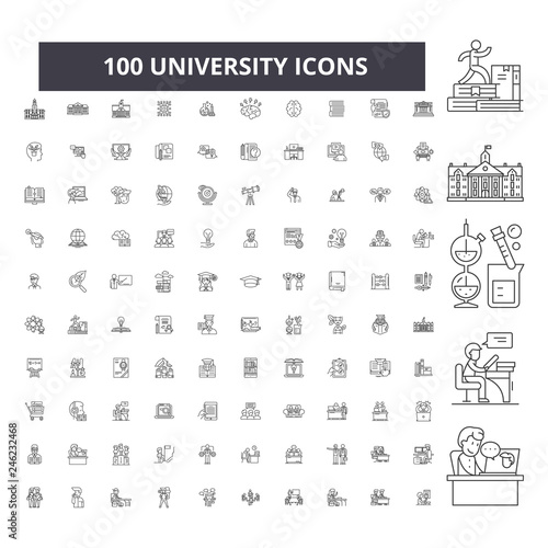 University editable line icons, 100 vector set on white background. University black outline illustrations, signs, symbols