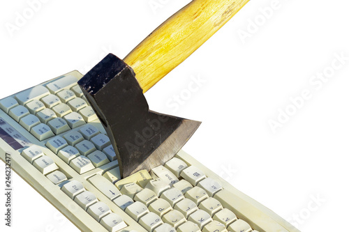 the axe ripped the keyboard isolated photo