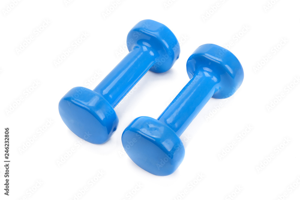 Pair of blue dumbbells isolated on a white background. Pair of blue dumbbells isolated on a white background.