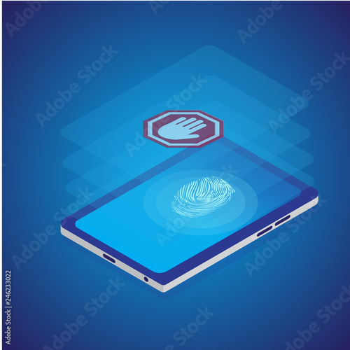 Touching danger concept with Smart phone. Isometric style. Vector.