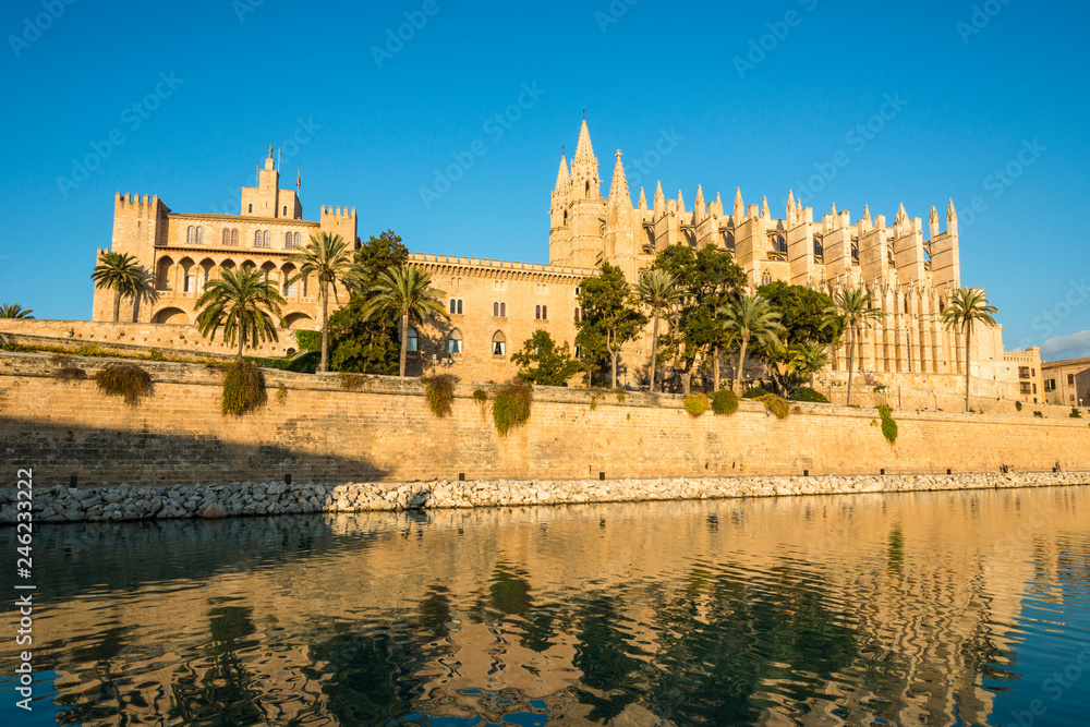 Reflection of ancient Cathedral de Santa Maria in Palma de Mallorca, Balearic islands, Spain