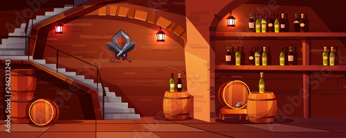 Vector wine cellar background, cozy space with wooden barrels, glass bottles. Alcohol, winemaking room with lanterns, stairs. Castle basement with shield, swords and shelves with beverage