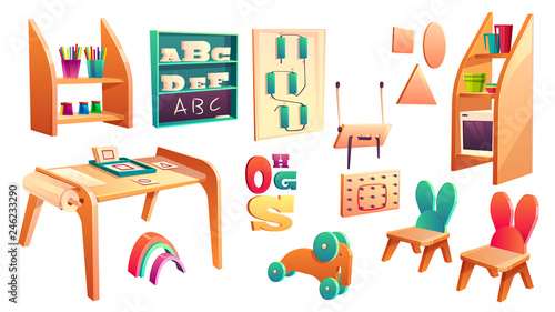 Vector montessori set, elements for elementary school isolated on white background. Kindergarten for infants, daycare for kids. Primary education in game, activity. Preschool classroom with chalkboard