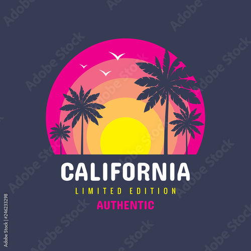 California - concept logo badge vector illustration for t-shirt and other design print productions. Summer, sunset, palms, surfing, sea waves. Tropical paradise. Long beach. Limited edition. Authentic