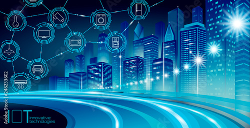 Internet of things low poly smart city 3D wire mesh. Intelligent building automation IOT concept. Modern wireless online control icon urban cityscape technology banner vector illustration
