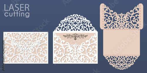 Laser cut wedding invitation card template vector. Pocket envelope with abstract ornament. Open card. Suitable for greeting cards, invitations, menus.