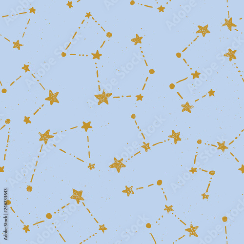 Hand drawn doodle constellations on sky blue background vector seamless pattern. Cute stars baby print