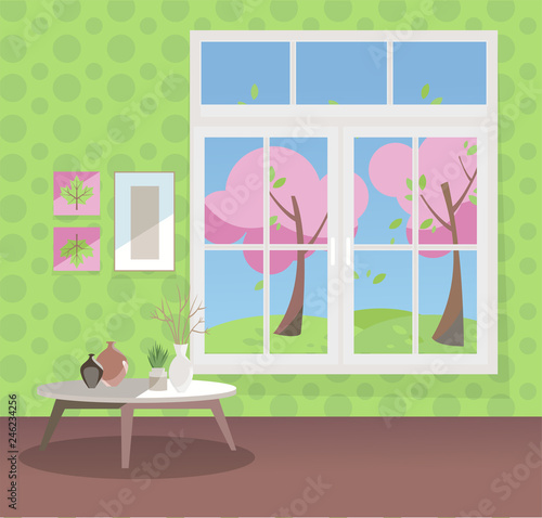 Window with a view of pink blooming trees. Spring living room interior with coffee table, vases, pictures on green wallpaper. Sunny good weather outside. Flat cartoon style vector illustration.