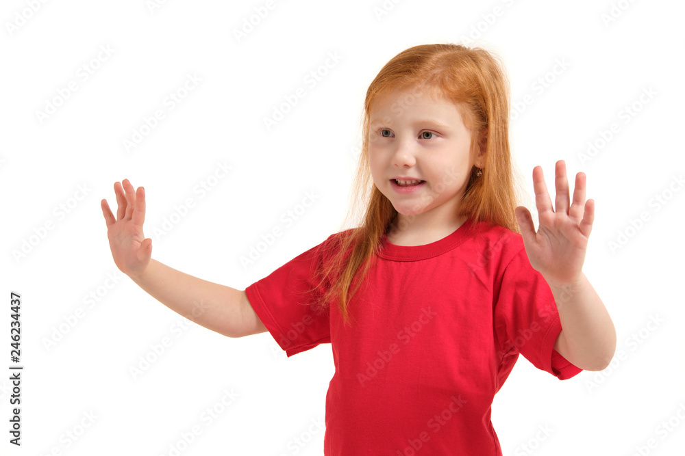 Little girl smiling with his arms up. 5 years old girl surprised with smile and hands near her hands Little girl smiling with his arms up. 5 years old girl surprised with smile and hands near her hands