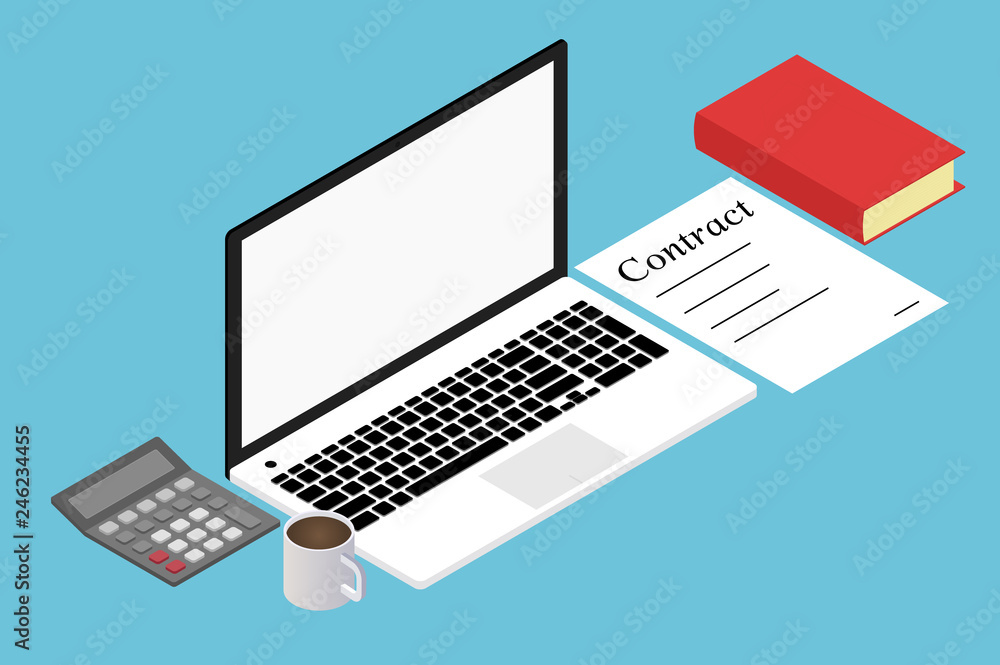 workplace, laptop, book calculator, coffee, contract. Isometric design workplace, laptop, book calculator, coffee, contract. Isometric design