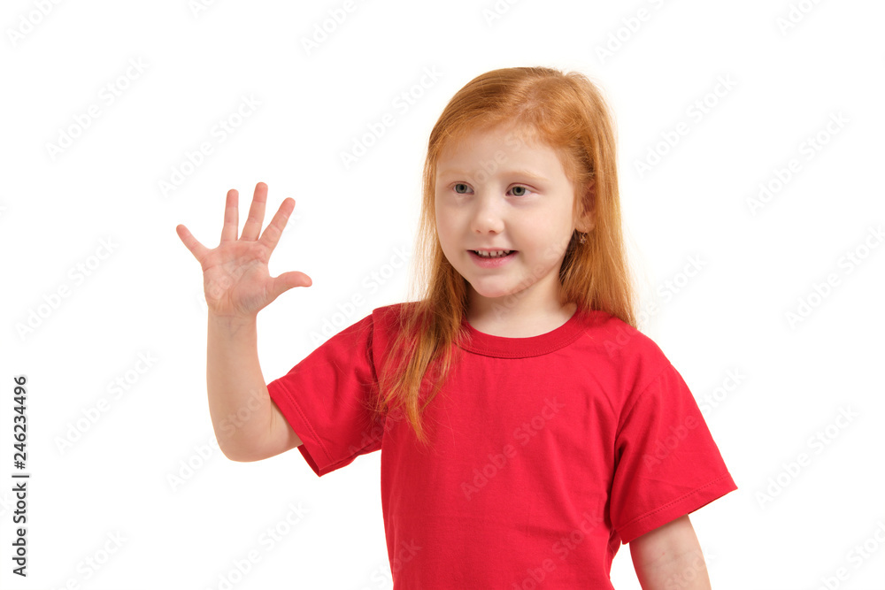 A little girl shows gesture - five fingers, isolated on white background A little girl shows gesture - five fingers, isolated on white background