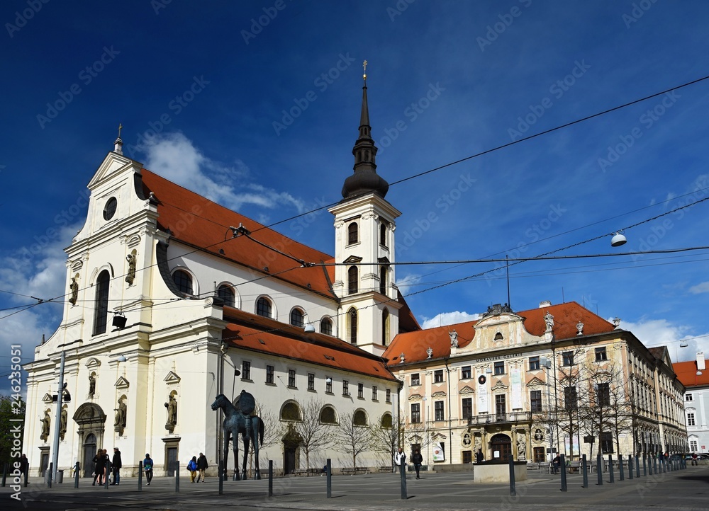 The city of Brno. - Czech Republic - Europe. St. Thomas Church in the city center and the statue of Markrabe Jošta of Luxembourg