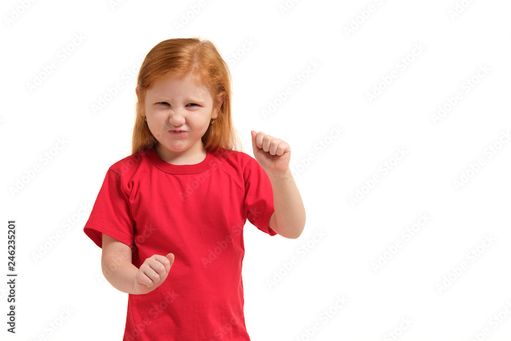 Close-up portrait mad young girl about to have nervous atomic breakdown, fist up in air, angry with someone isolated white background. Close-up portrait mad young girl about to have nervous atomic breakdown, fist up in air, angry with someone isolated white background.