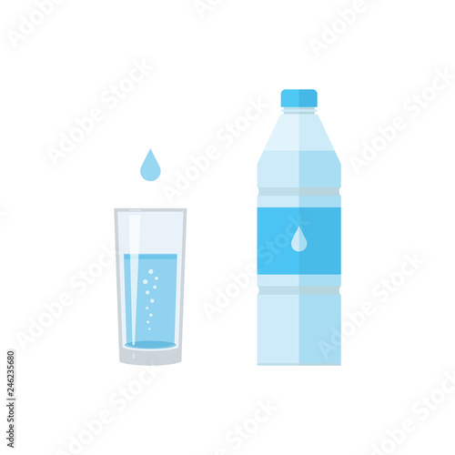 Bottle, drop and glass of water. Abstract concept, icon. Vector illustration on white background.
