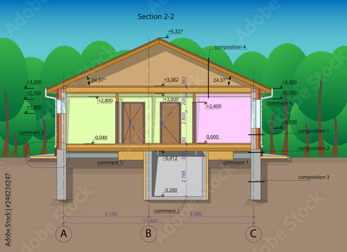 Architectural section of a one-storey residential building on a forest background.