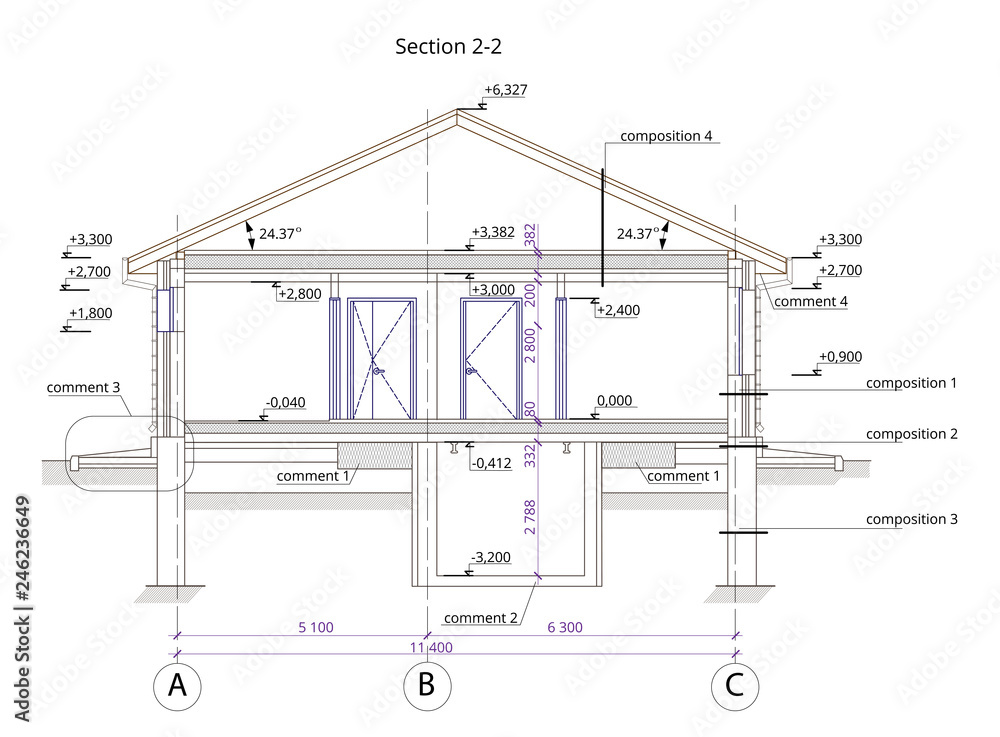 Architectural section of a onestorey residential building Stock Vector