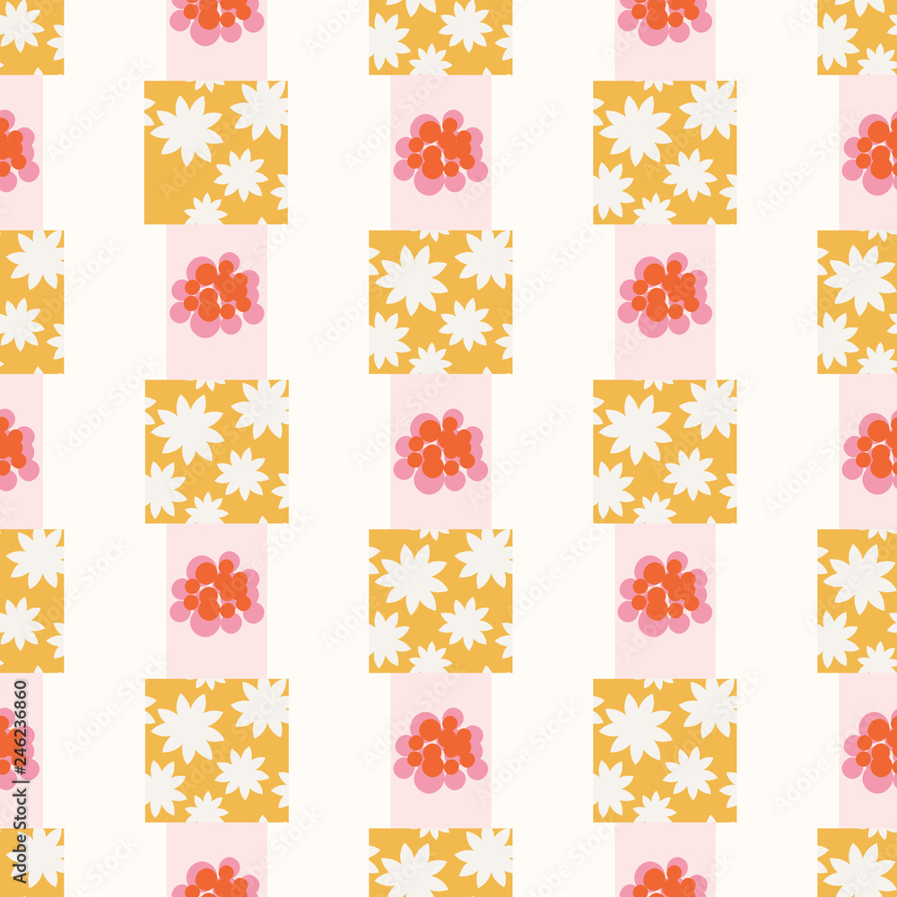 Pretty floral pattern featuring abstract flowers in a pink, yellow and white seamless repeat design. Vector. Great for fashion, home decor, gift wrapping paper, textiles and graphic design projects.