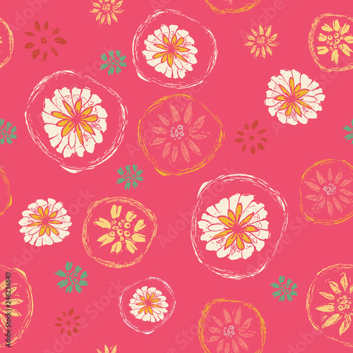 Pretty floral pattern featuring abstract flowers in a pink, yellow and white seamless repeat design. Vector. Great for fashion, home decor, gift wrapping paper, textiles and graphic design projects.