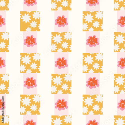 Pretty floral pattern featuring abstract flowers in a pink, yellow and white seamless repeat design. Vector. Great for fashion, home decor, gift wrapping paper, textiles and graphic design projects.