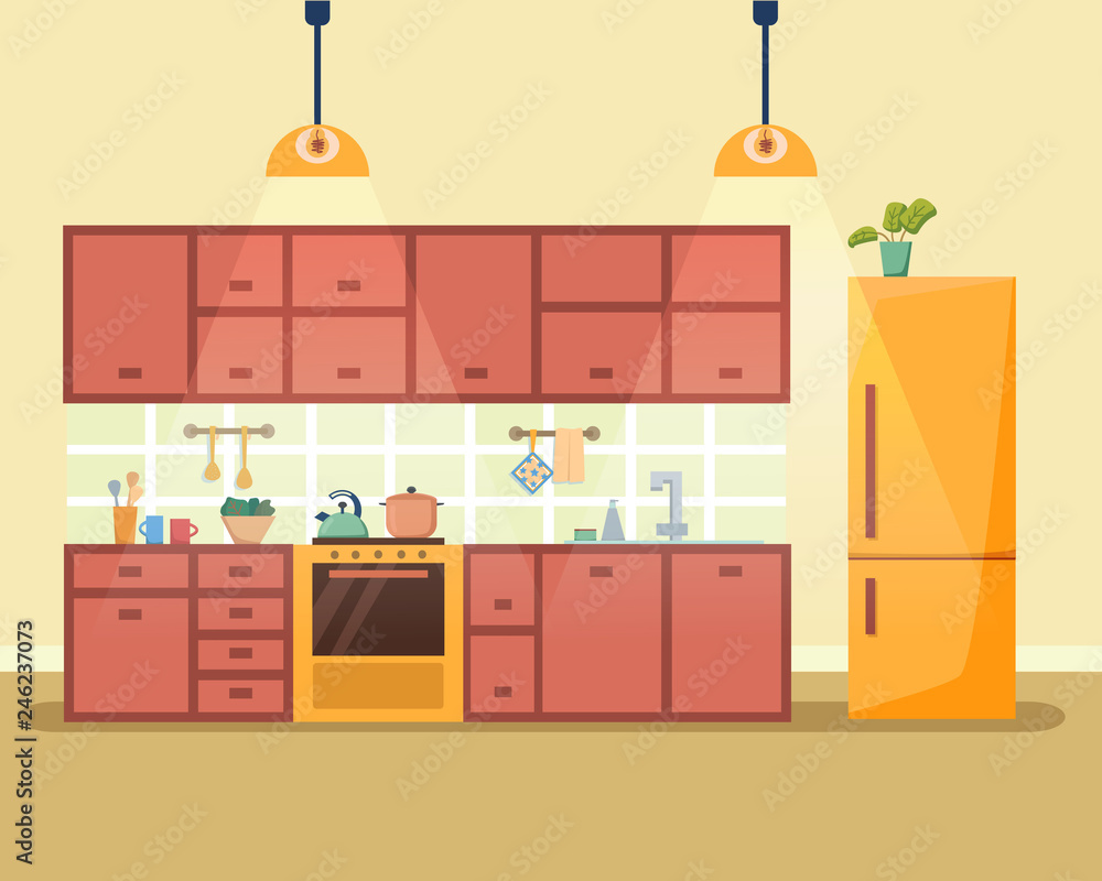 Kitchen interior with furniture, stove, cupboard, fridge and utensils. Flat cartoon style vector illustration.