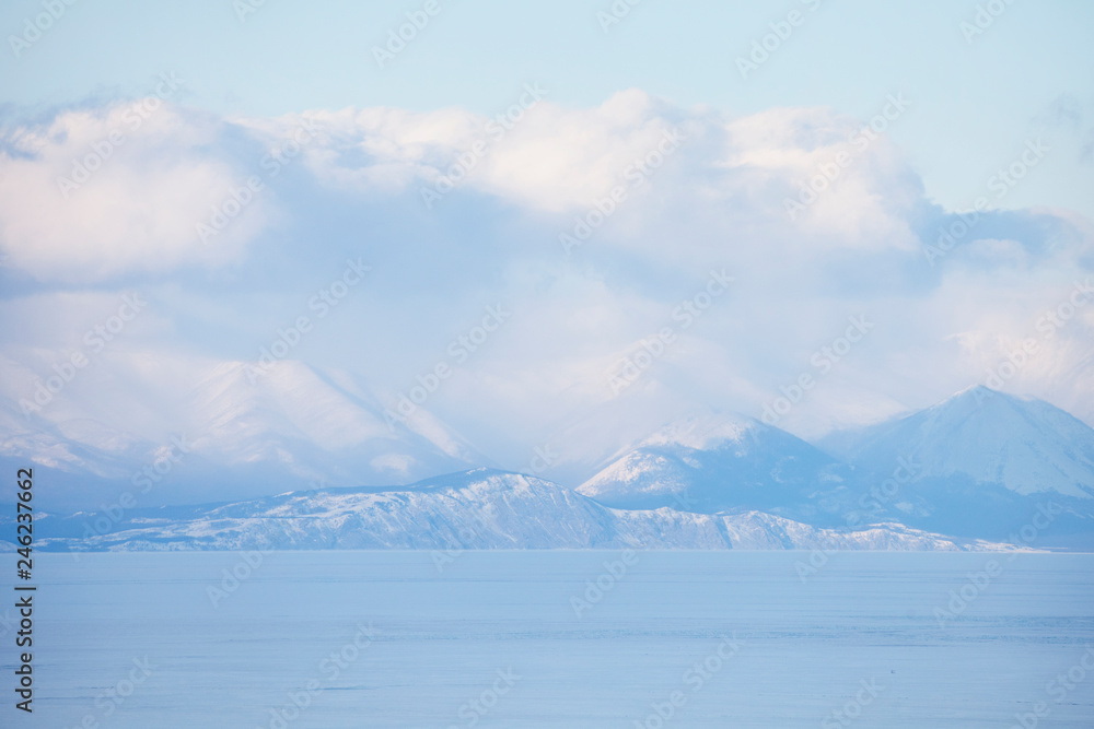 Baikal lake. Winter Siberian landscape.
