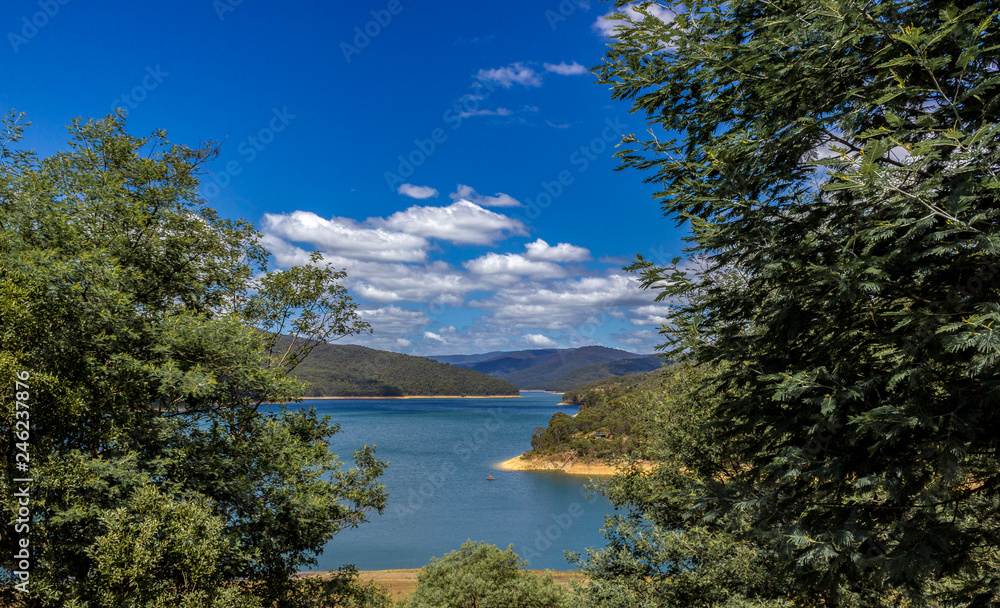 Nice view over yarra reservoir with trees and blue sky, Yarra River Australia