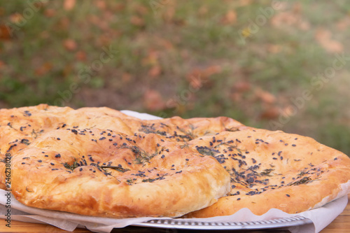 Georgian cuisine khachapuri megruli with cheese and spices photo