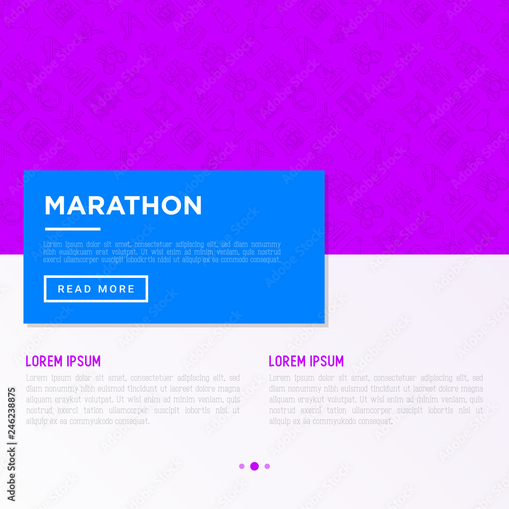 Marathon concept with thin line icons: runner, start, finish, running shoes, bottle of water, route, award, changing room, memory photo, donation, fan zone. Vector illustration, print media template.