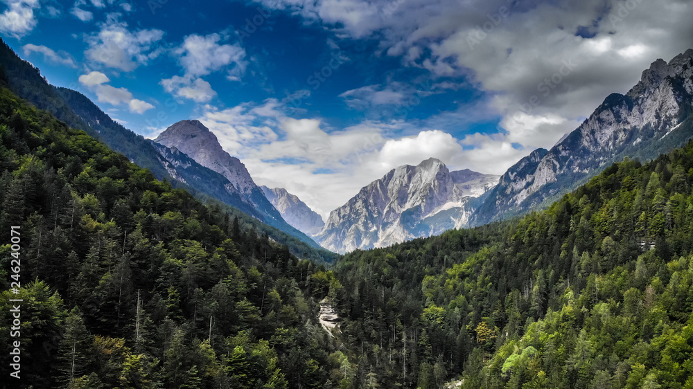 Aerial view of beautiful Triglav mountains, part of Alps in Slovenia