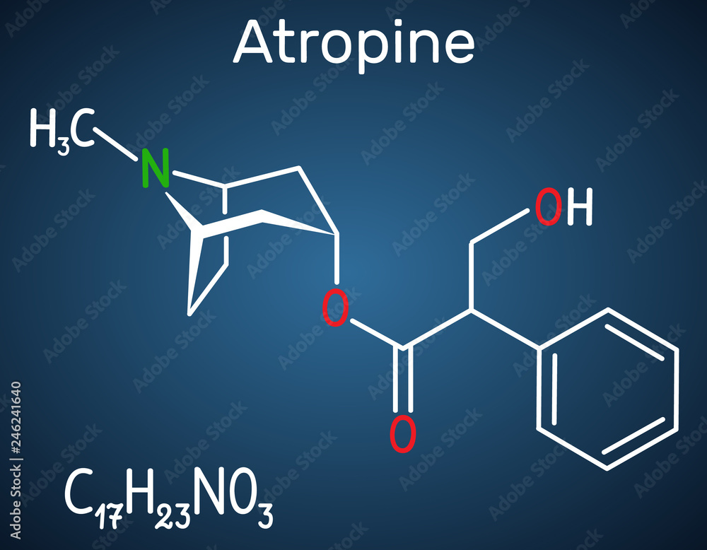 Atropine drug molecule. It is plant alkaloid. Structural chemical formula on the dark blue background Atropine drug molecule. It is plant alkaloid. Structural chemical formula on the dark blue background