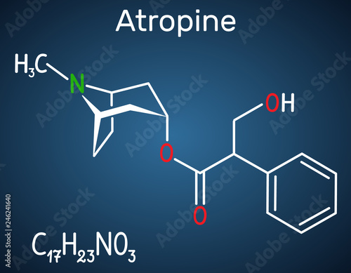 Atropine drug molecule. It is plant alkaloid. Structural chemical formula on the dark blue background