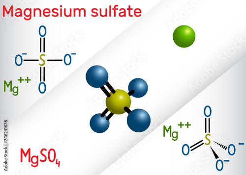 Magnesium sulfate molecule. It is is an inorganic salt and pharmaceutical drug. Structural chemical formula and molecule model