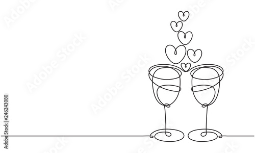Wine glasses and heart. Line drawing. Love