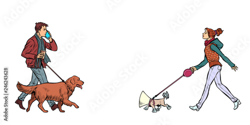 man and woman walking with dogs