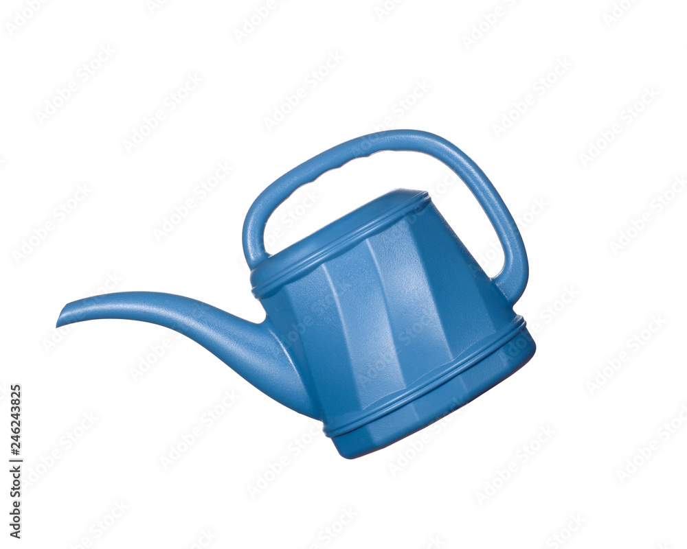 Obraz premium Plastic watering can isolated on white with copy space.