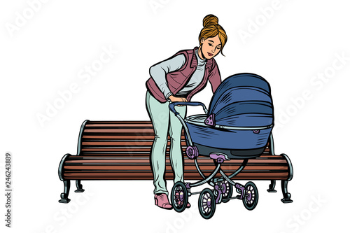 young mother with a baby carriage, park bench