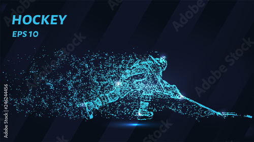 Hockey. A grid of blue stars in the night sky. Glowing dots create the shape of a hockey player. Sports, ice, puck and other concepts illustration or background.