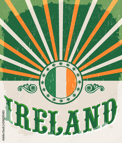 Ireland vintage old poster with Irish flag colors, vector design, Ireland holiday decoration