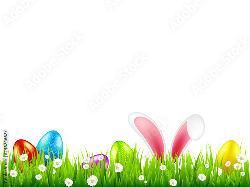 Easter eggs on grass with bunny rabbit ears set. Spring holidays in April. Sunday seasonal celebration with egg hunt.
