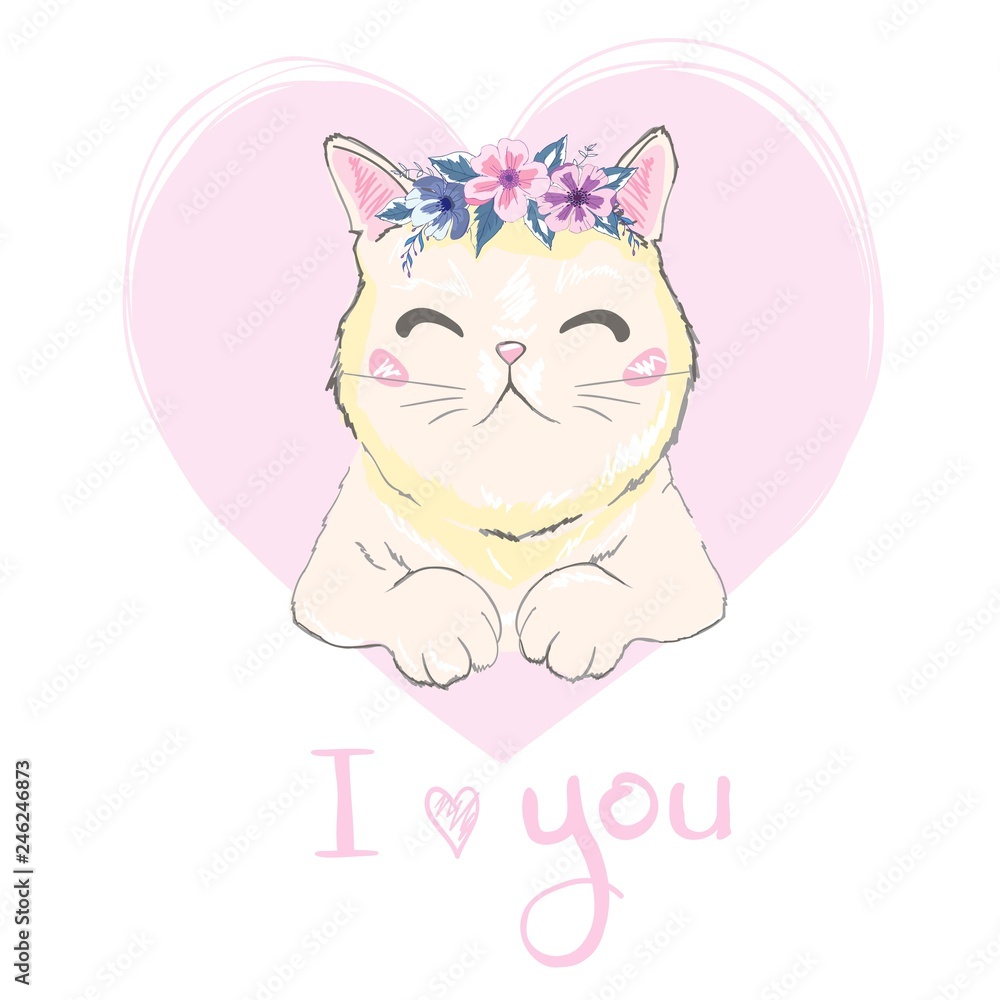 Vector hand drawn cute cat's face saying Hello. Isolated illustration with lettering on white background Vector hand drawn cute cat's face saying Hello. Isolated illustration with lettering on white background