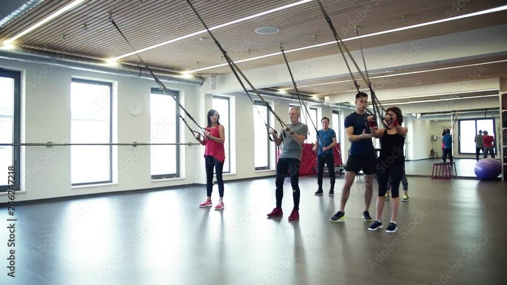 A group of cheerful seniors in gym with a young trainer doing exercise with TRX. A group of cheerful seniors in gym with a young trainer doing exercise with TRX.