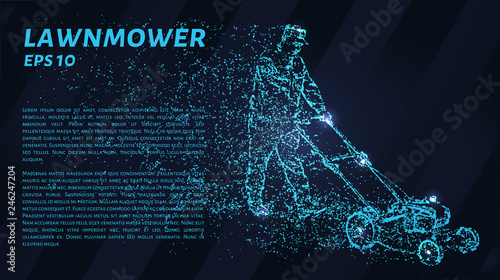 Lawnmower. A grid of blue stars in the night sky. A man mows the grass with a lawnmower.
