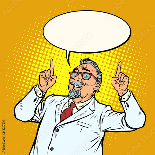 elderly doctor scientist smile index finger up gesture