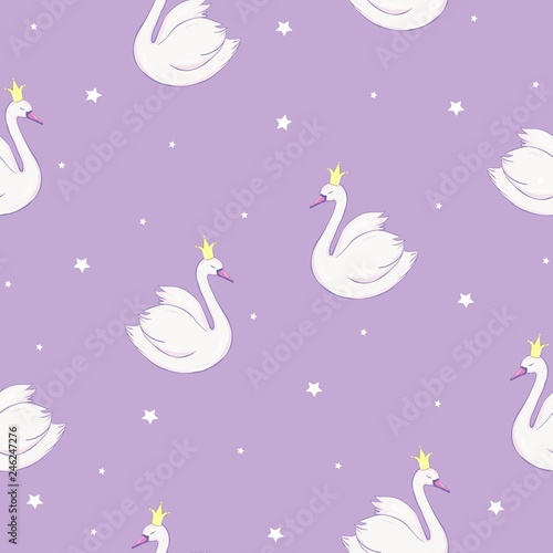 Seamless pattern with white swans. White swans on pink background. Vector illustration.